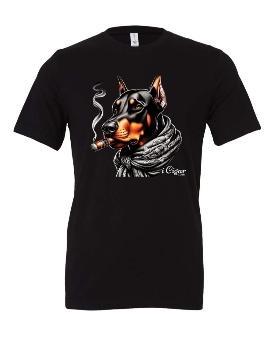 Fierce Female Doberman Pincher with Necks scarf smoking a Cigar. - i Cigar Club 
